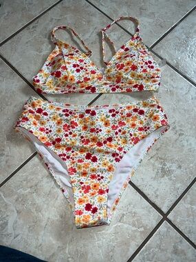 Floral Two-Piece Bikini Set - Red, Orange, Yellow Flowers